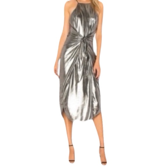 NWT Privacy Please Women’s Small Silver Tie-Front Halter Midi Dress Cocktail - Picture 2 of 11